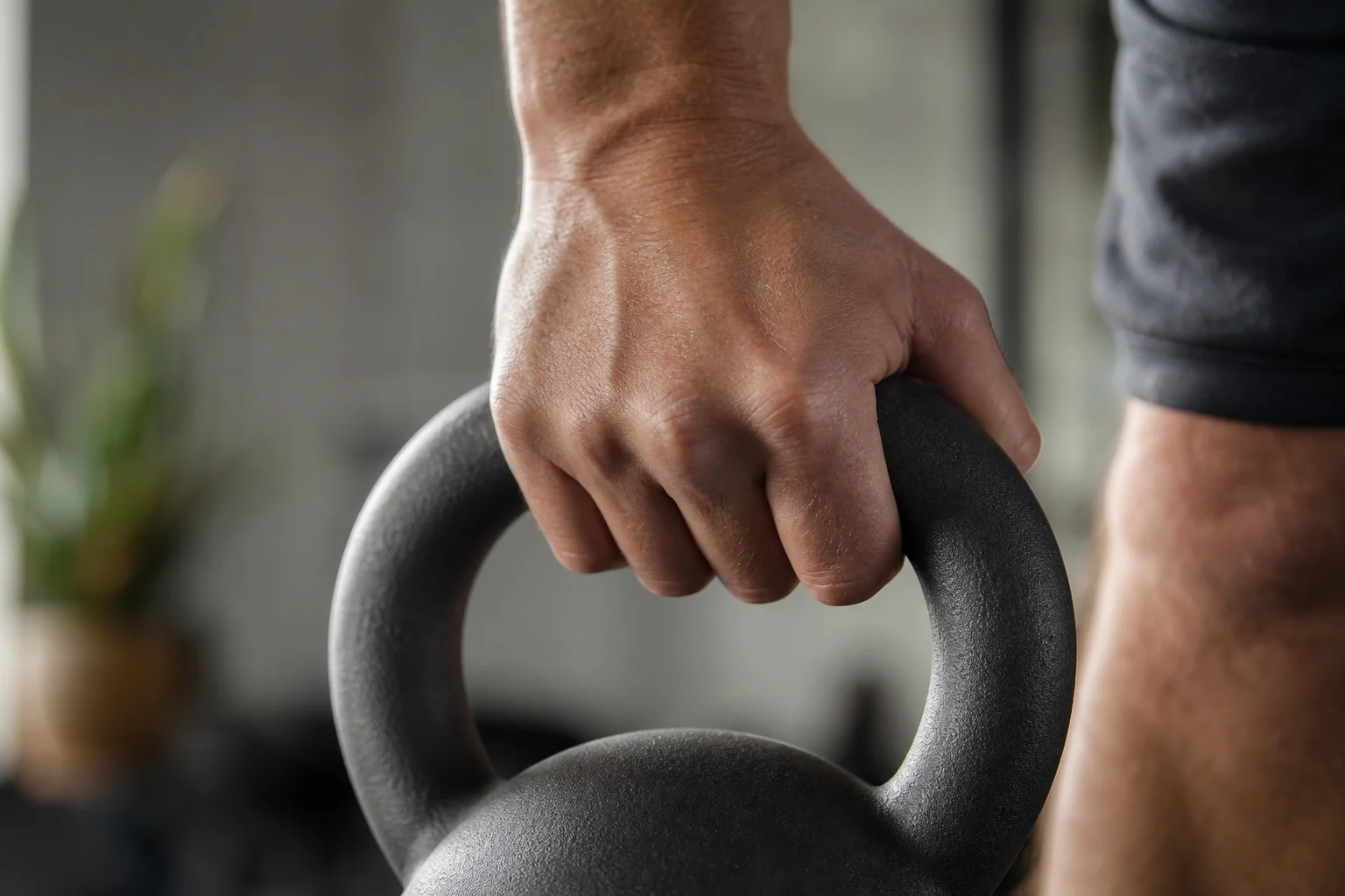 Närbild på ett kettlebell-handtag som hålls i under ett träningspass