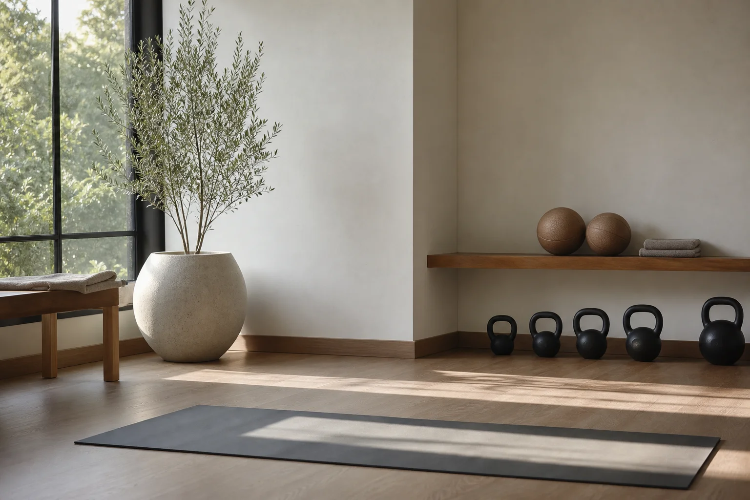 Hemmagym med kettlebells på ett trägolv