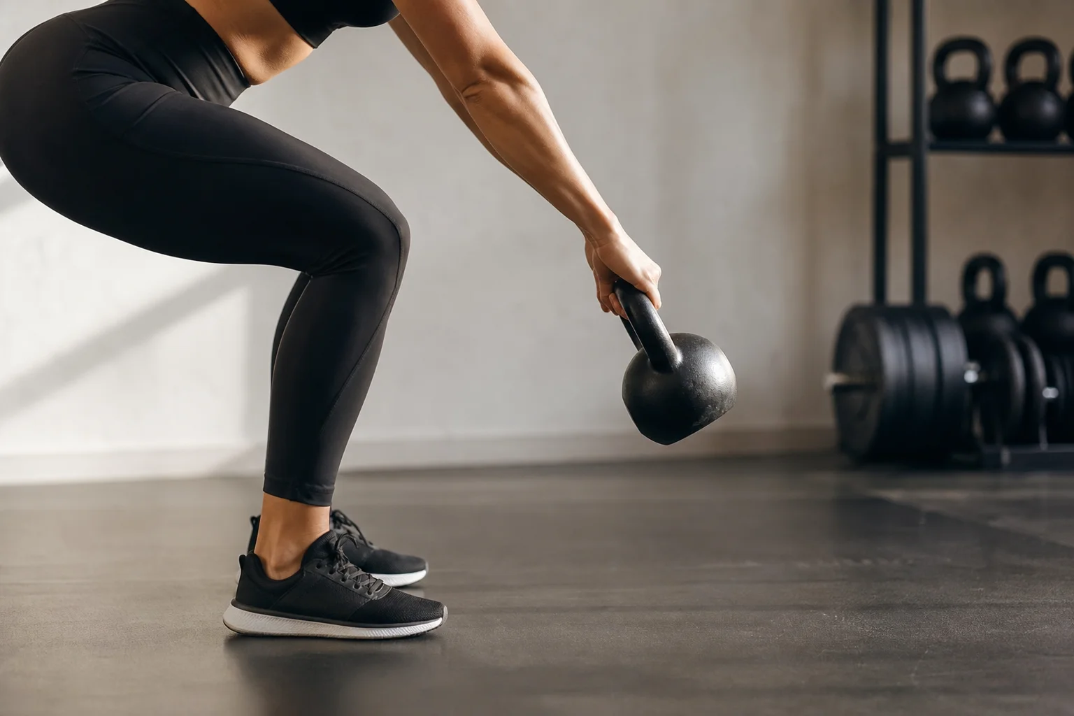 Kettlebell som används för en träningsrörelse i en gymmiljö