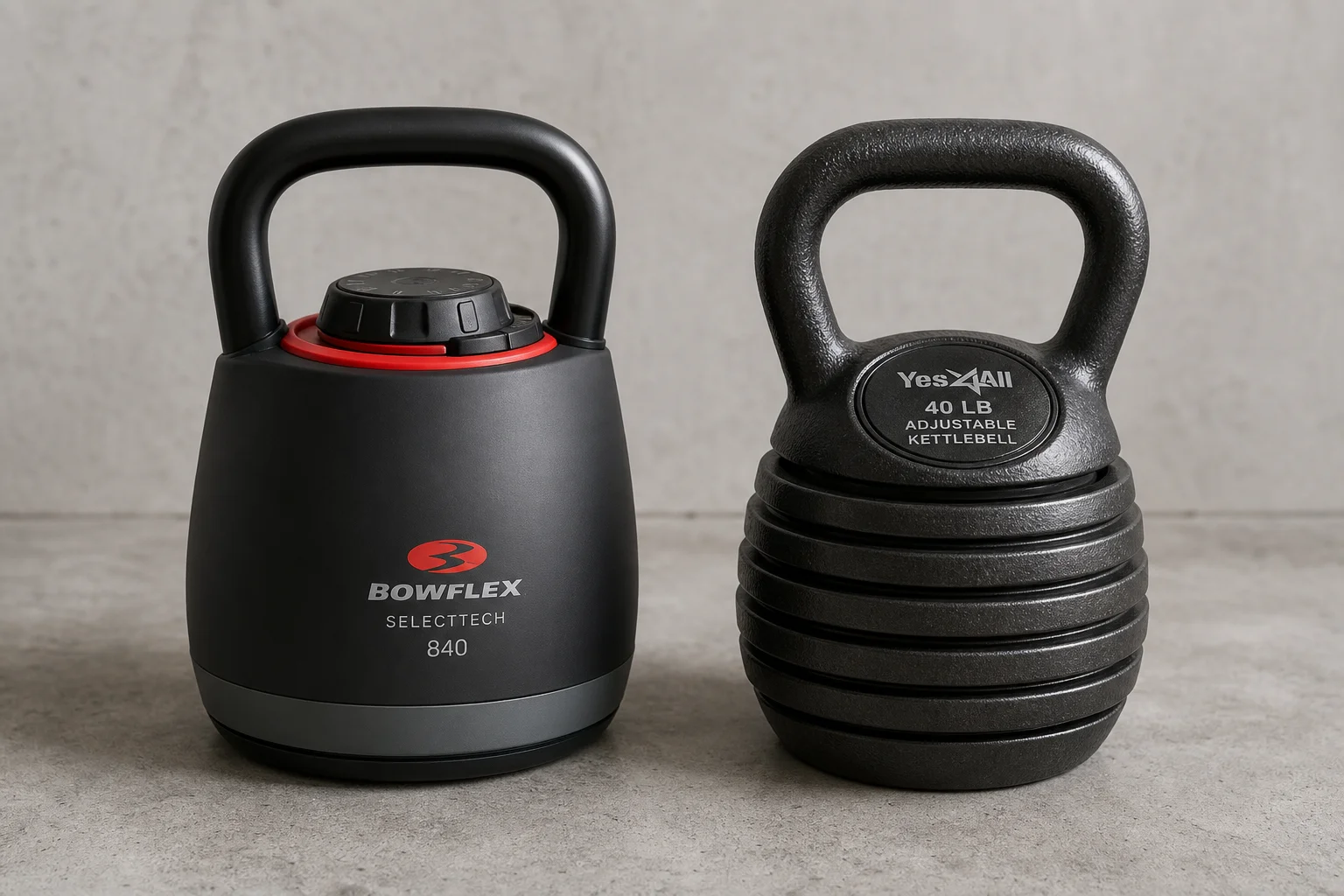 放置在水泥地面上的 Bowflex SelectTech 840 與 Yes4All 可調式壺鈴