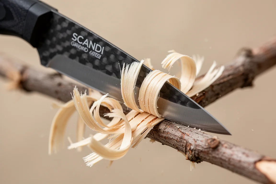 Scandi 研磨刀刃近照,正在削出木絨棒