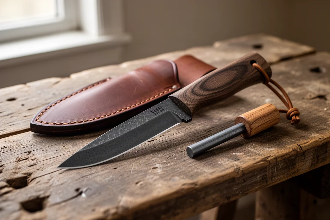 BPS Bushmate 2.0 Bushcraft-Messer mit Lederscheide und Feuerstarter auf einer hölzernen Werkbank