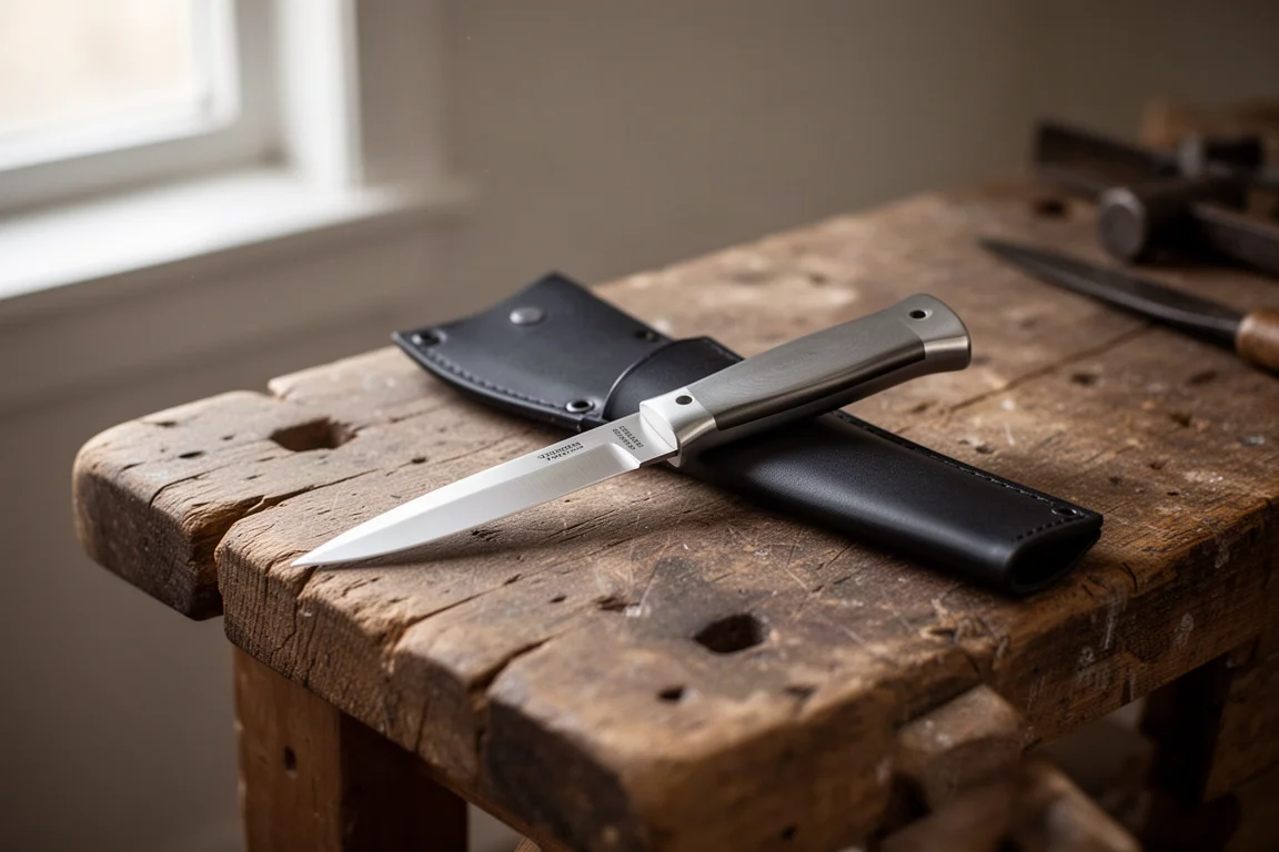 Small stainless fixed blade knife resting on a wooden workbench beside a leather sheath