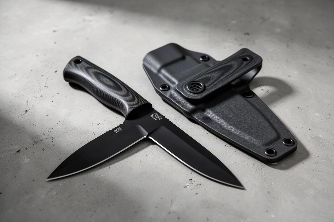 Black fixed blade knife with micarta handle lying on a concrete surface next to a kydex sheath