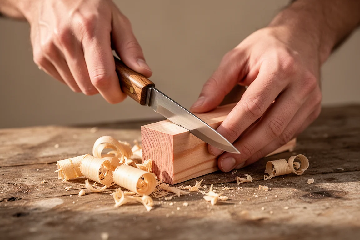 Hands carving a piece of cedar wood with a slim fixed blade knife