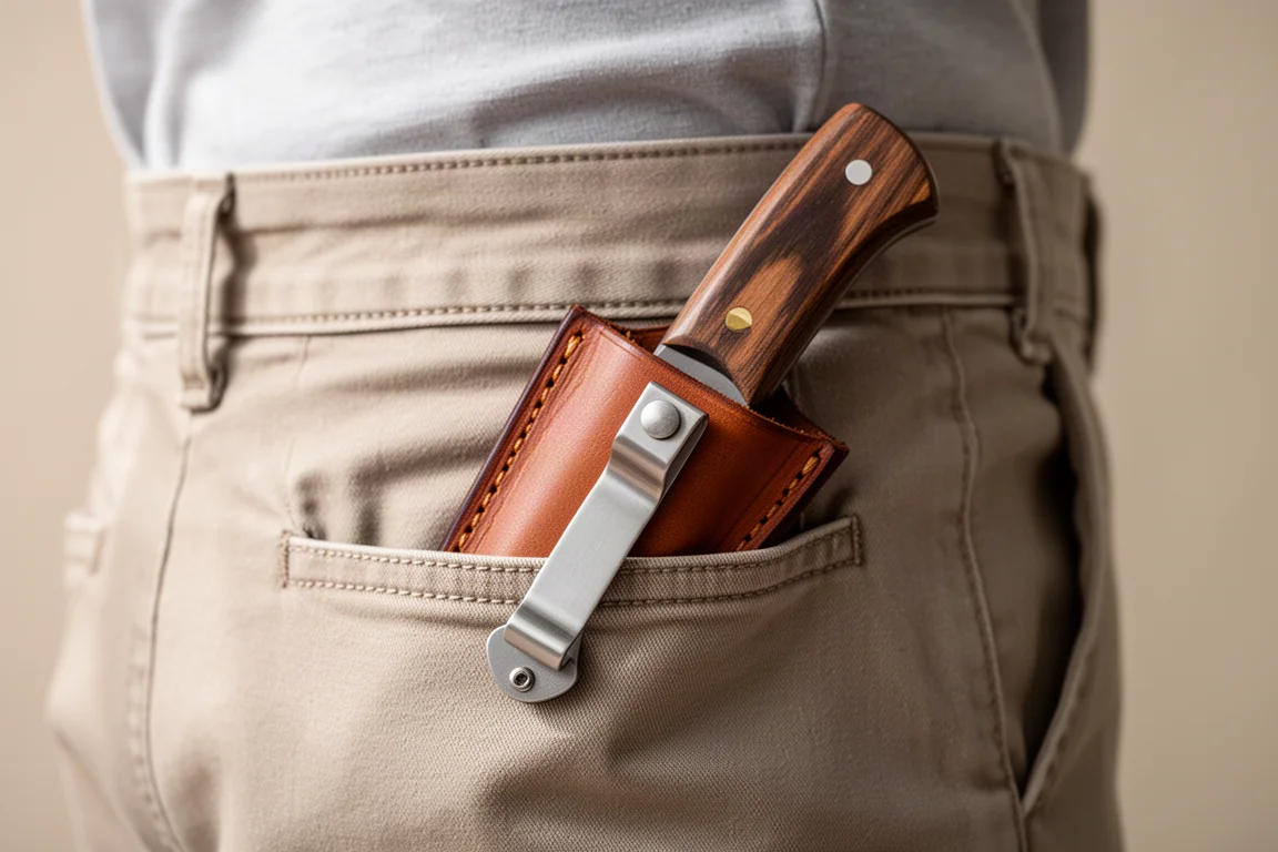 Fixed blade knife in a leather sheath clipped low inside a trouser pocket