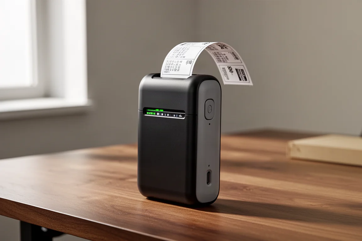 Compact handheld label printer standing on a workbench with a label strip