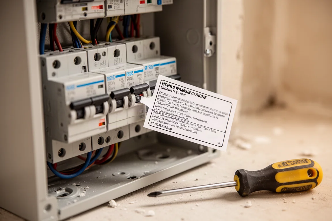 Gedrucktes Etikett wird auf der Baustelle an einen Elektro-Sicherungskasten angebracht