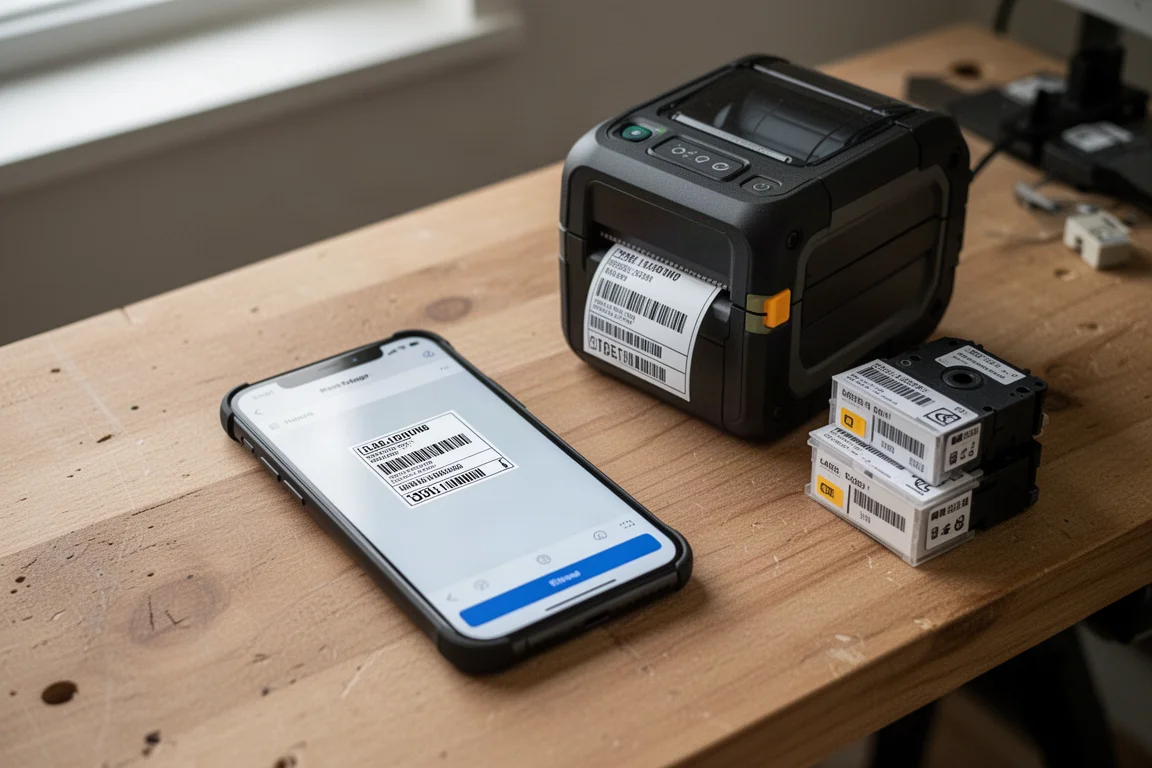 Smartphone mit Etikettendesign-App neben dem Drucker auf einer Werkbank