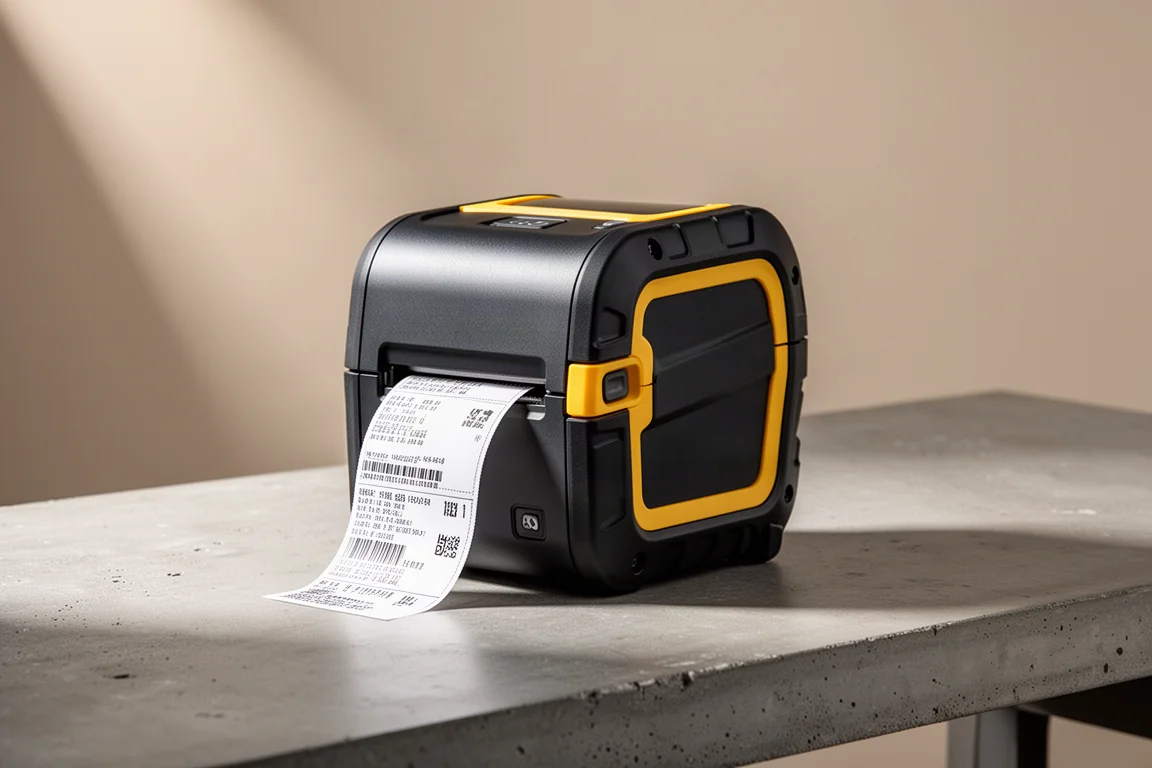 Brady M511 portable label printer on a brushed concrete workbench