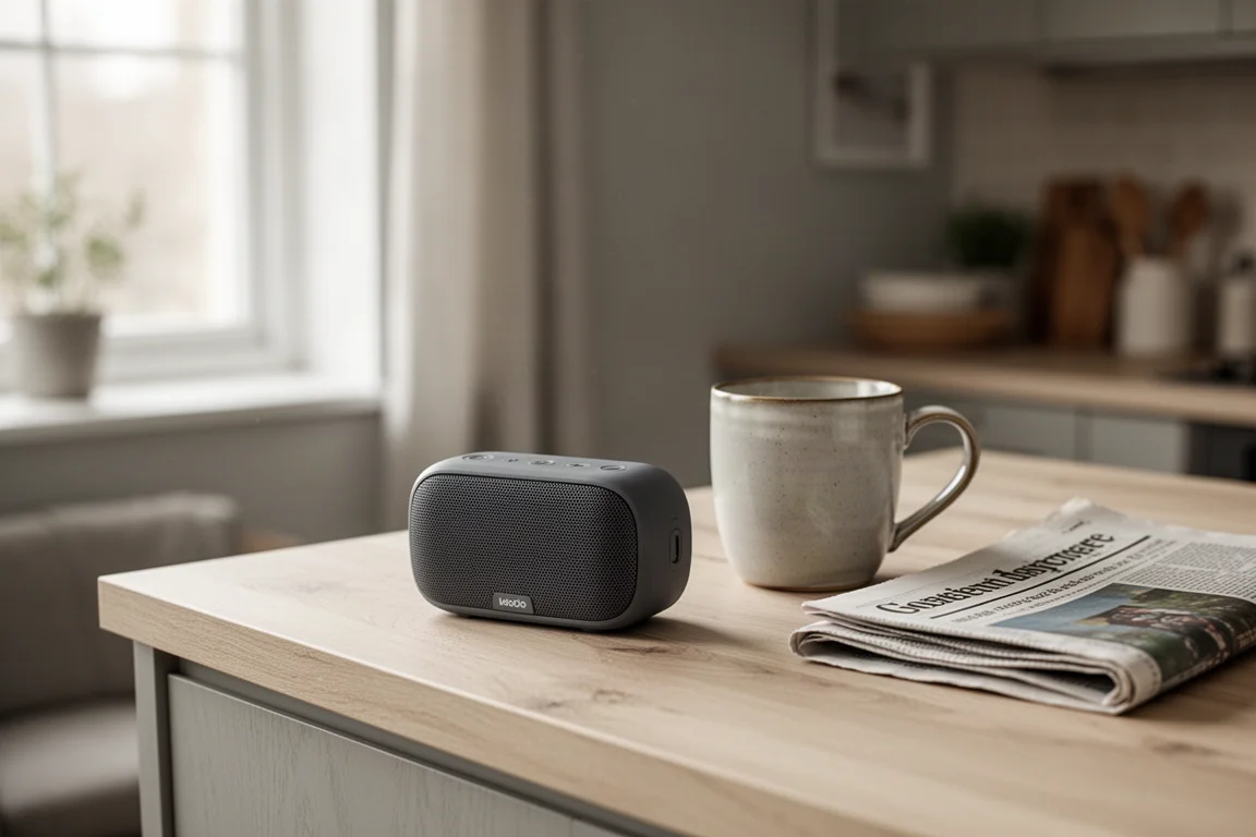 Compact wireless speaker on a kitchen counter in soft morning light