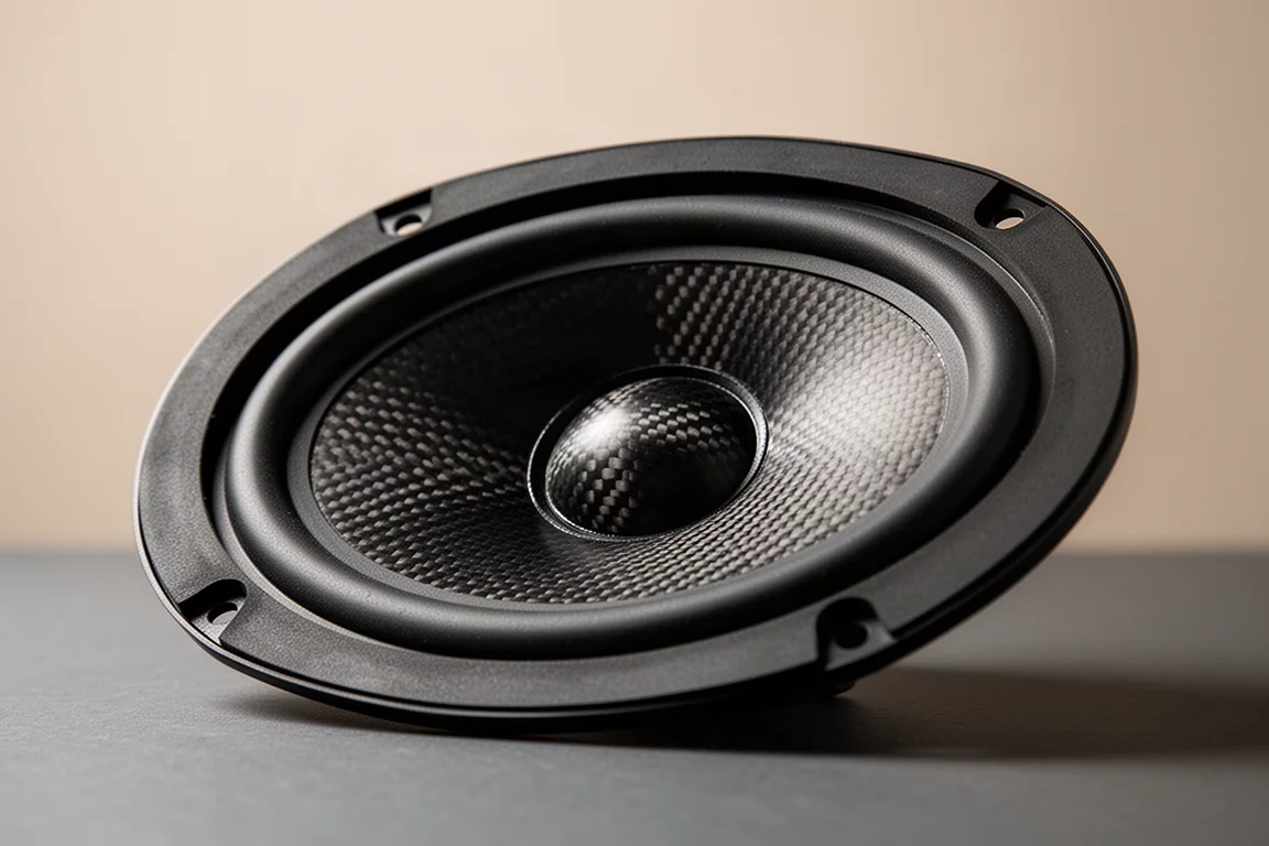 Macro view of an oval carbon-weave speaker driver with a thick rubber surround