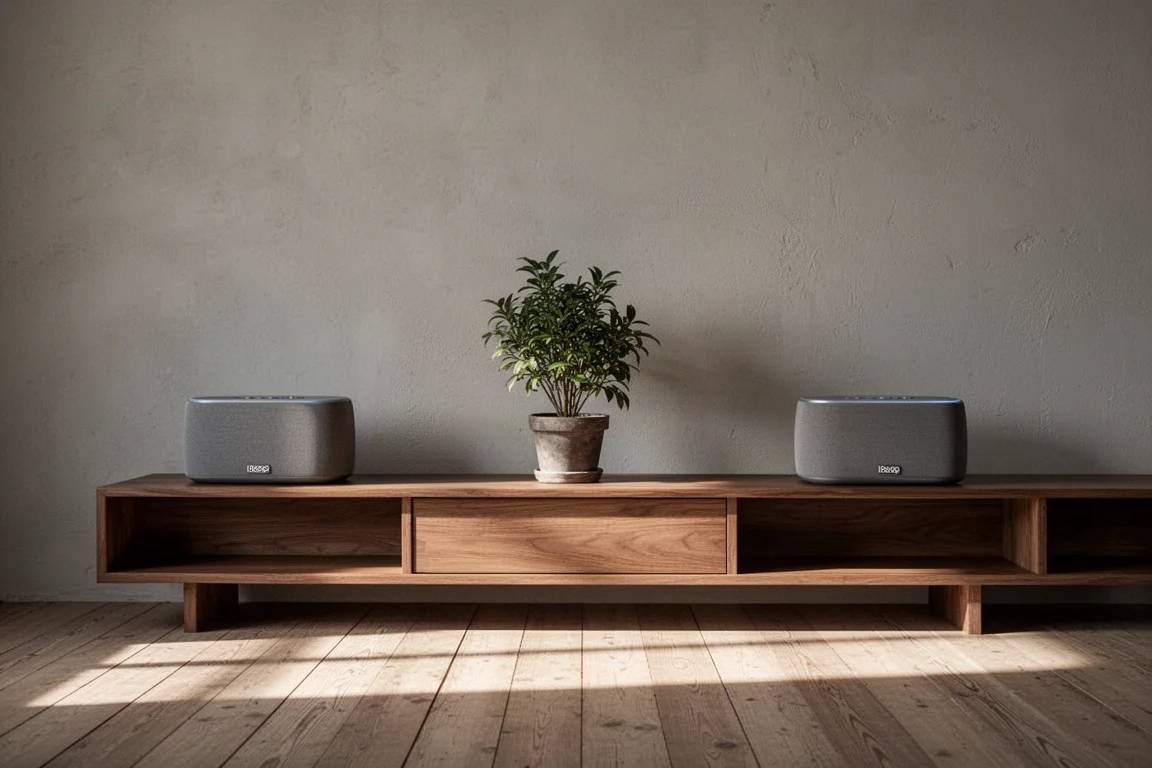 Two compact wireless speakers set up as a stereo pair in a living room