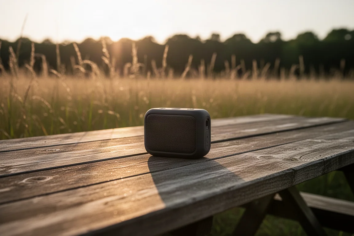 Portable wireless speaker on an outdoor picnic table at golden hour
