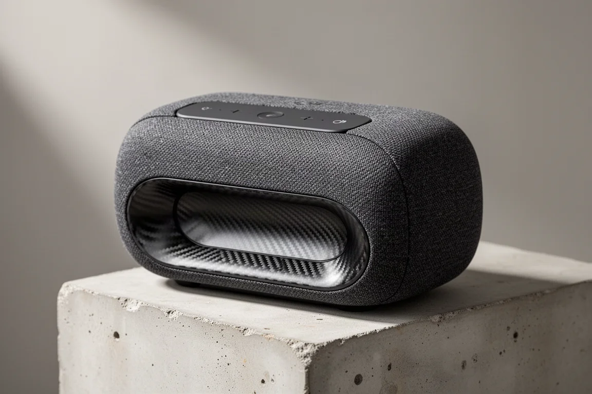 Compact charcoal portable wireless speaker with an oval carbon-weave woofer underneath