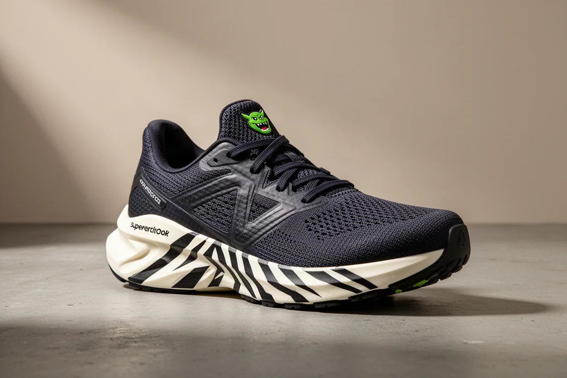 BrandBlack Kaiju running shoe with striped off-white midsole on concrete