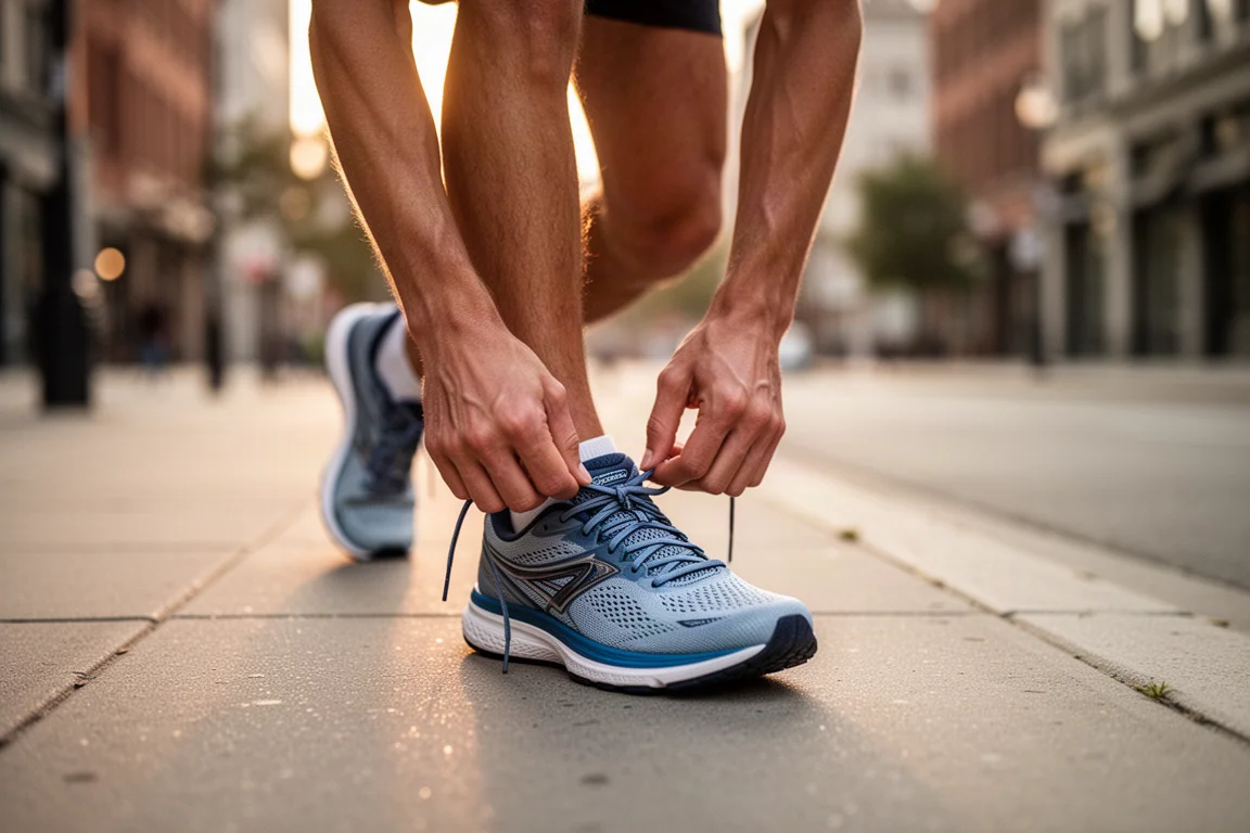 Läufer schnürt Schuhe auf einem städtischen Gehweg im Licht des frühen Morgens