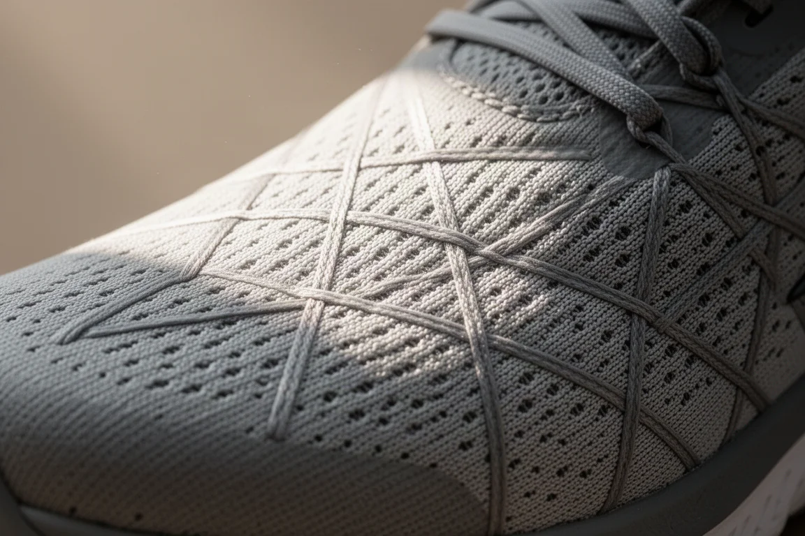 Nahaufnahme des atmungsaktiven Ripstop-Mesh-Obermaterials eines Laufschuhs