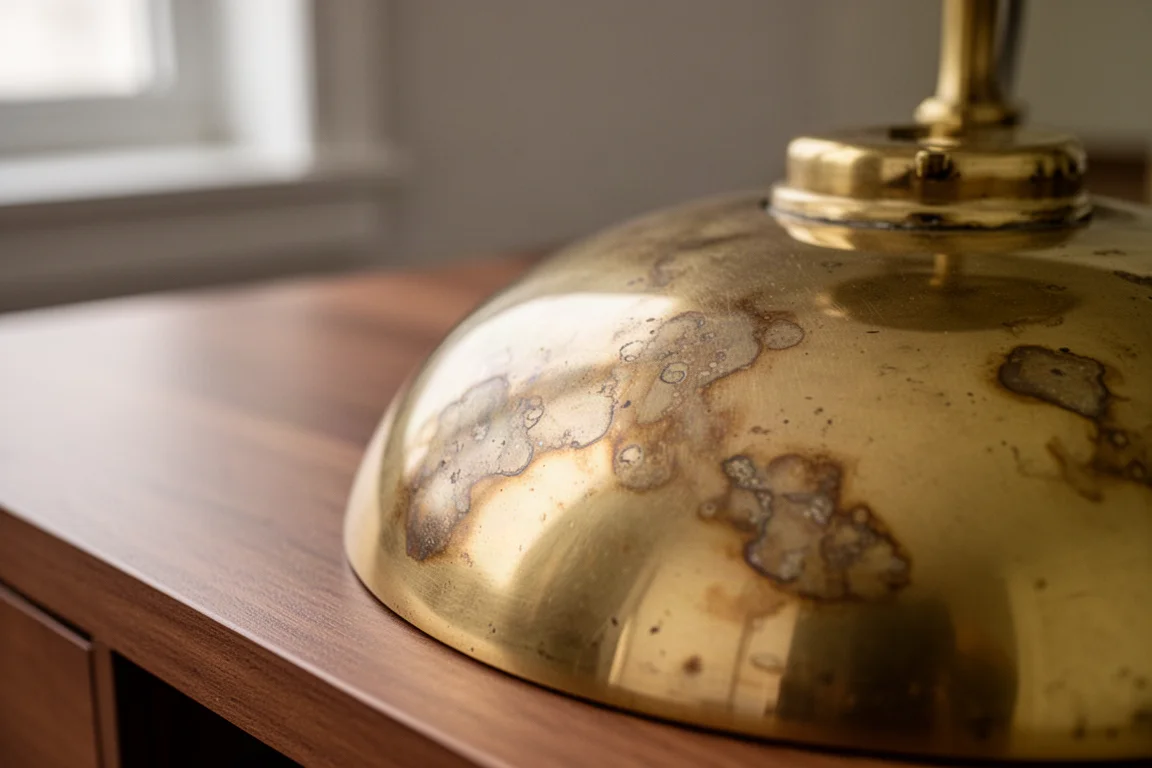 Brass pocket item developing a warm patina on a wooden desk