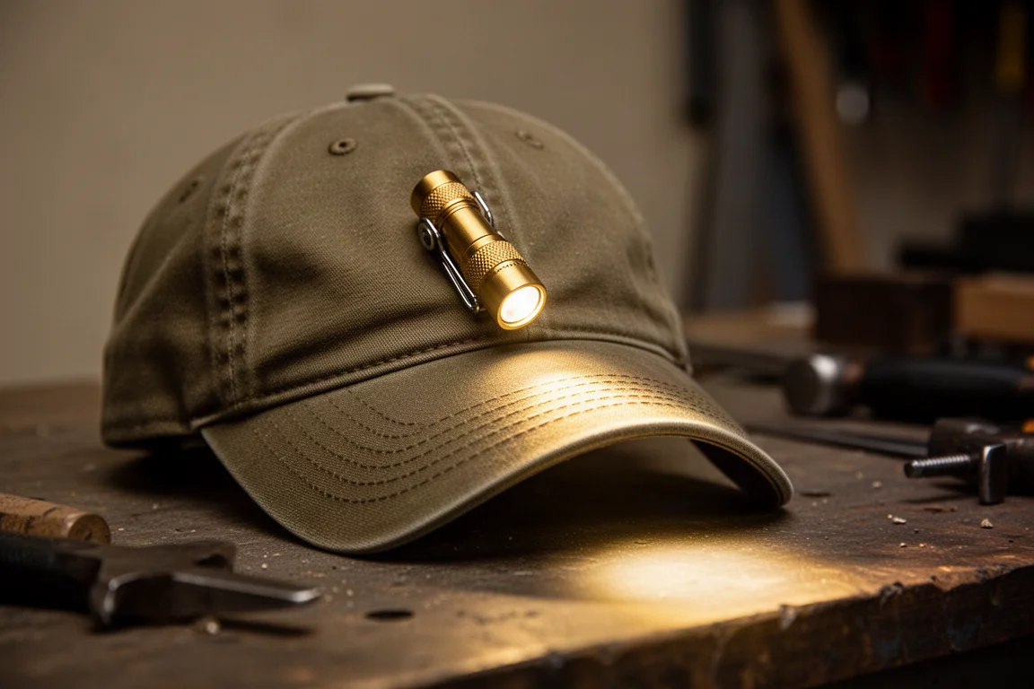 Small flashlight clipped to the brim of a baseball cap for hands-free light