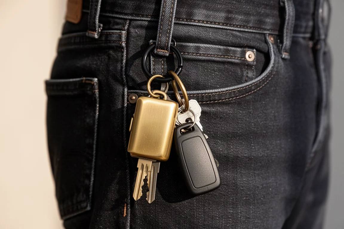 Keys and fobs organized on a key case clipped to a belt loop