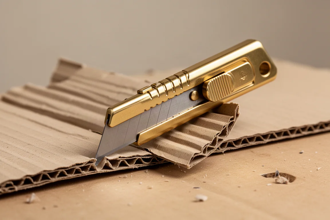 Polished brass box cutter advancing a utility blade on cardboard