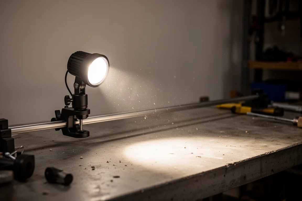 Luz tática de trilho projetando um feixe amplo sobre a superfície escura de uma oficina