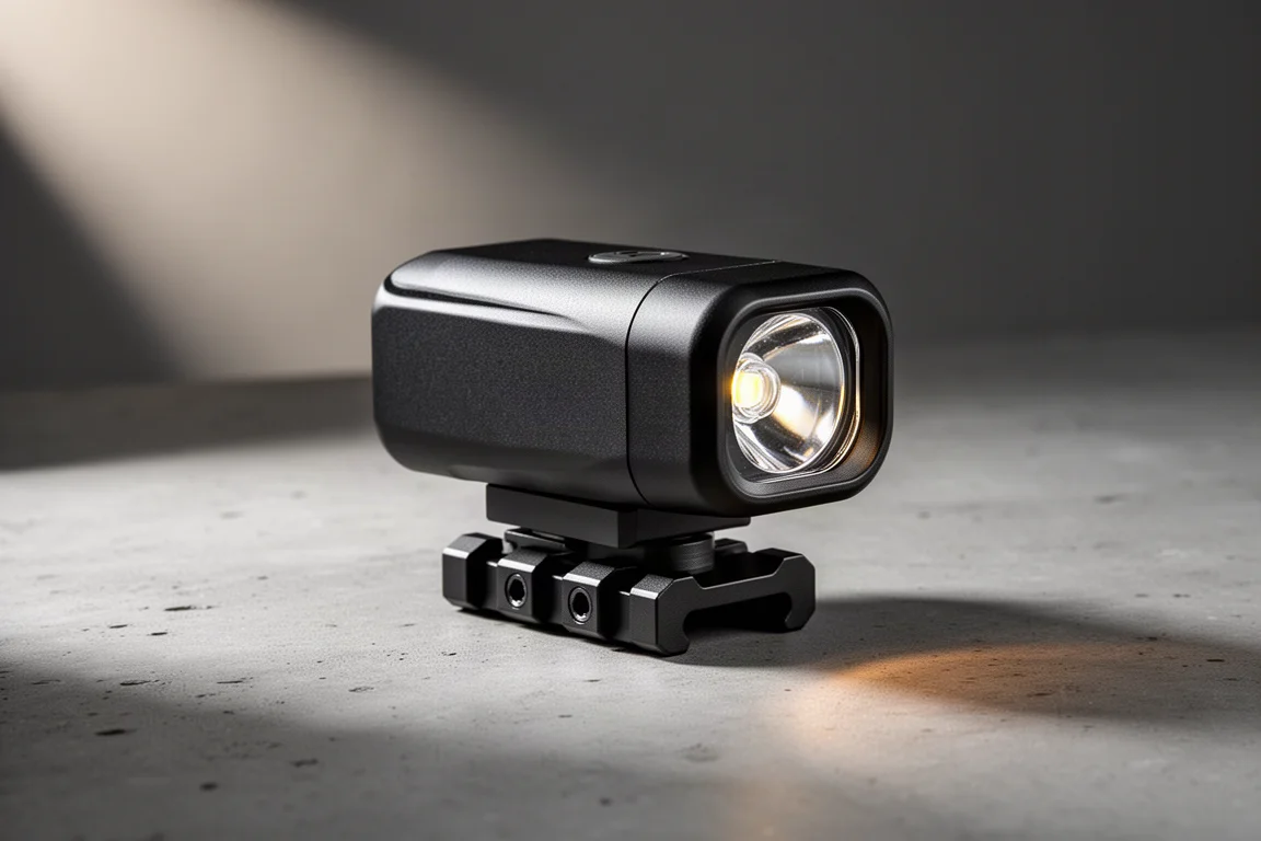 Luz tática de trilho Braun 1000 lumens montada em um segmento de trilho contra um fundo neutro