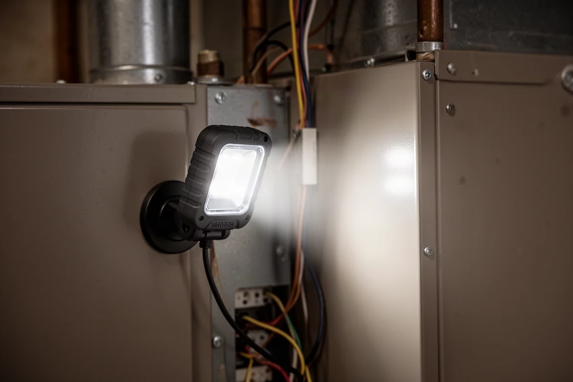 Folding LED work light magnetically mounted to a metal furnace panel
