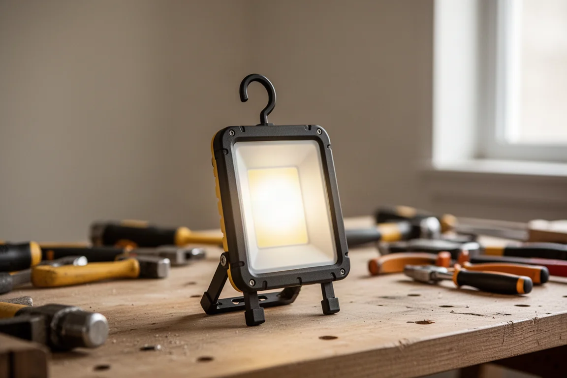 Work light set up with its hook and kickstand on a workbench