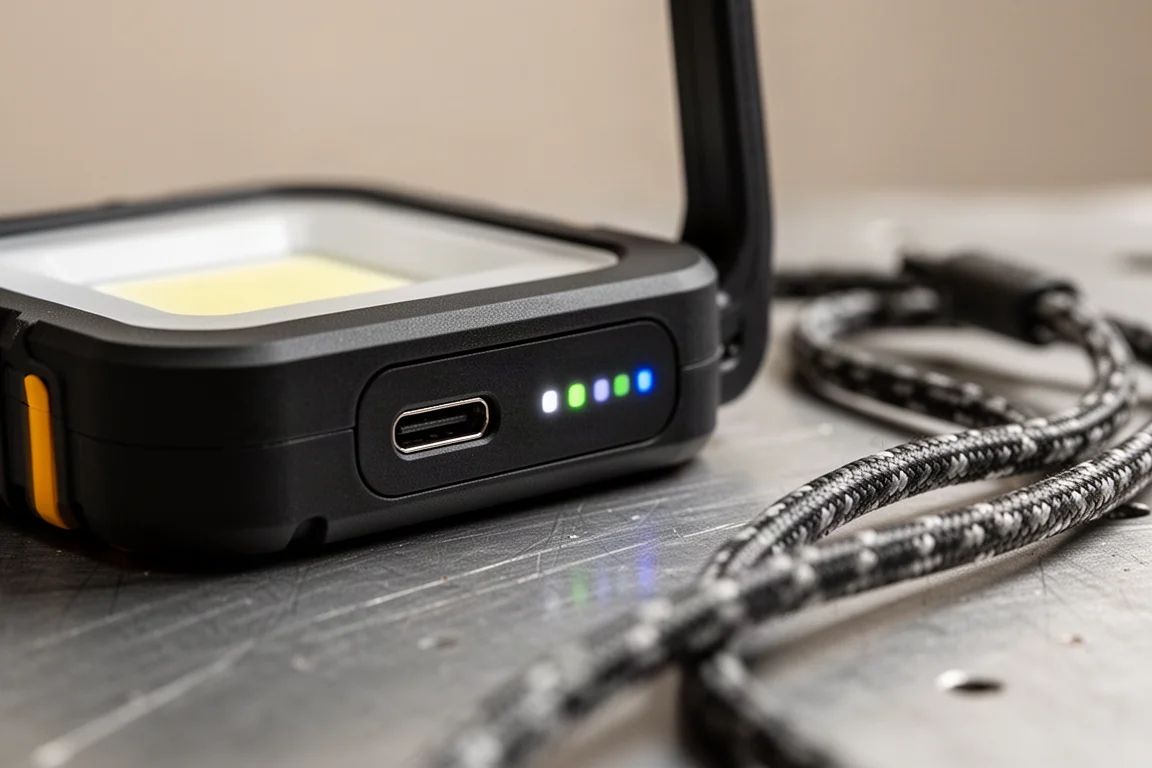 USB-C charging port and battery indicator on a work light