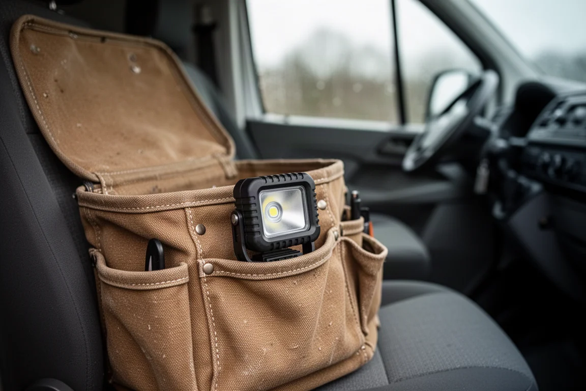 Work light stored in an open tool bag inside a vehicle
