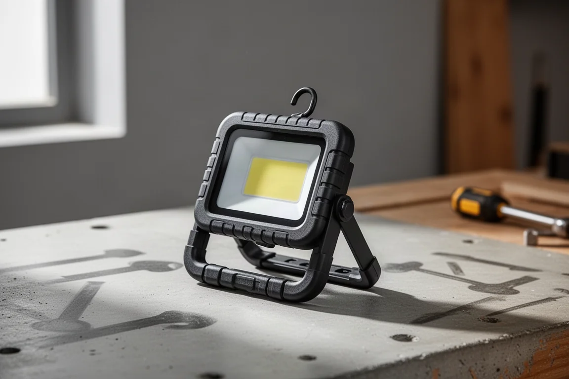 Compact rubberized folding LED work light with kickstand on a concrete workshop surface