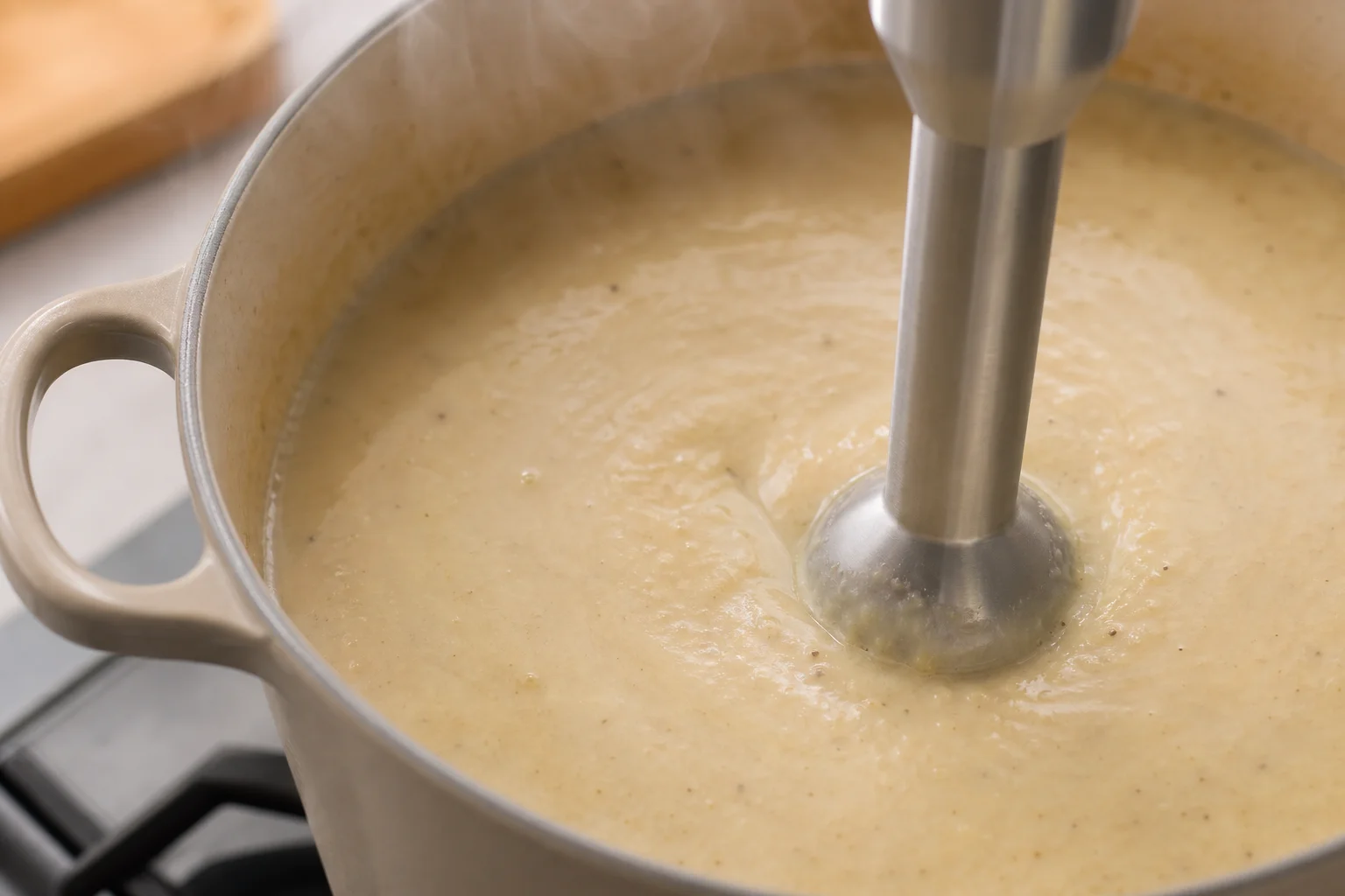 Immersion blender submerged in a pot of creamy soup being blended