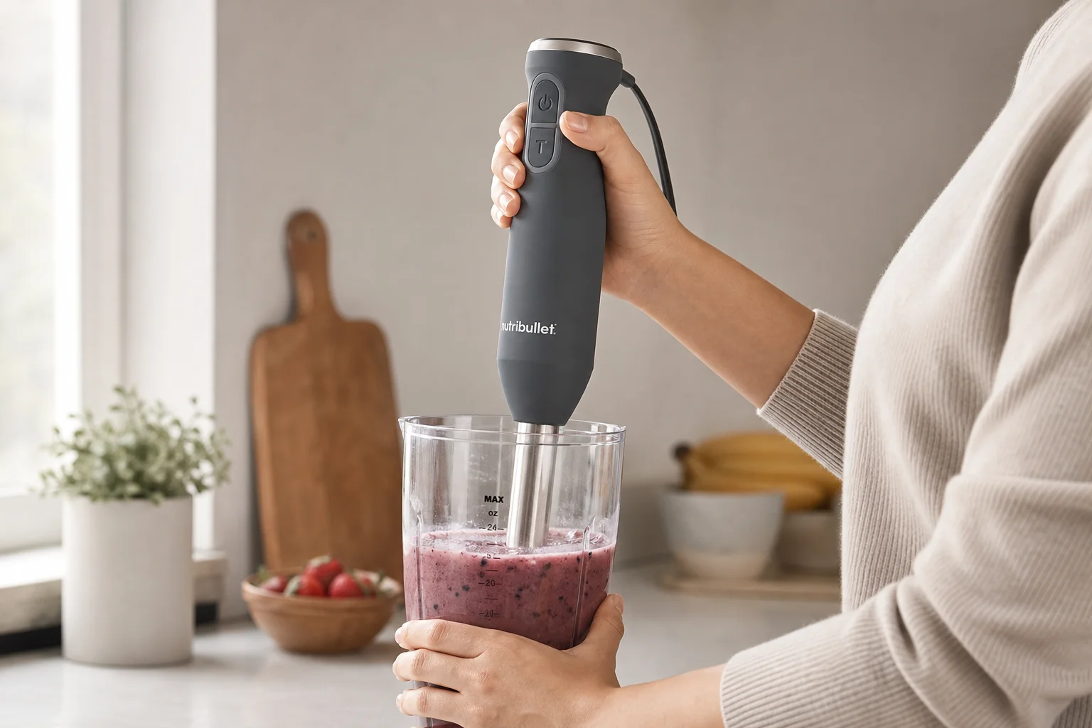 Hands holding an immersion blender with comfortable grip over a blending jar
