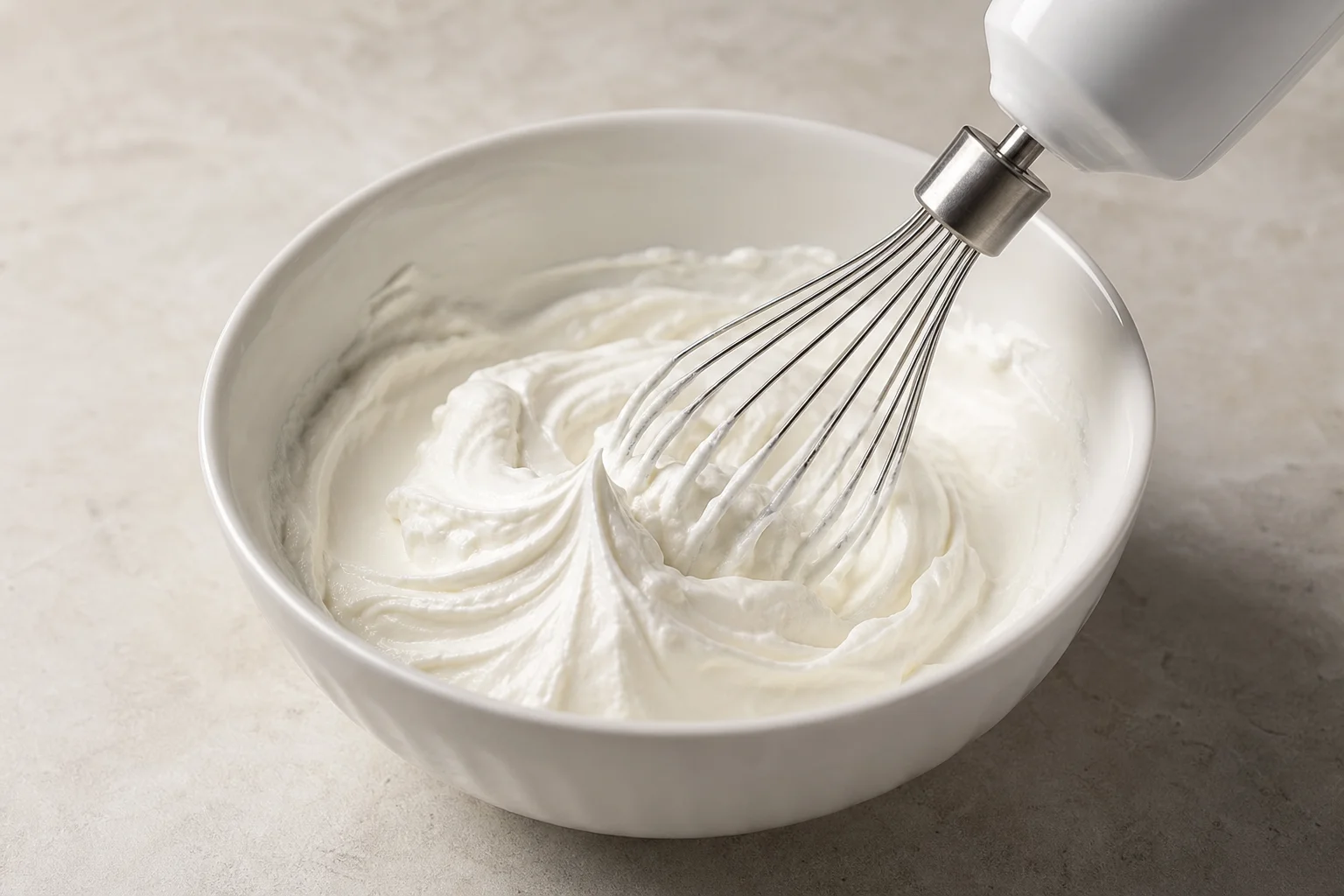 Whisk attachment being used to whip cream in a bowl, showing peaked texture