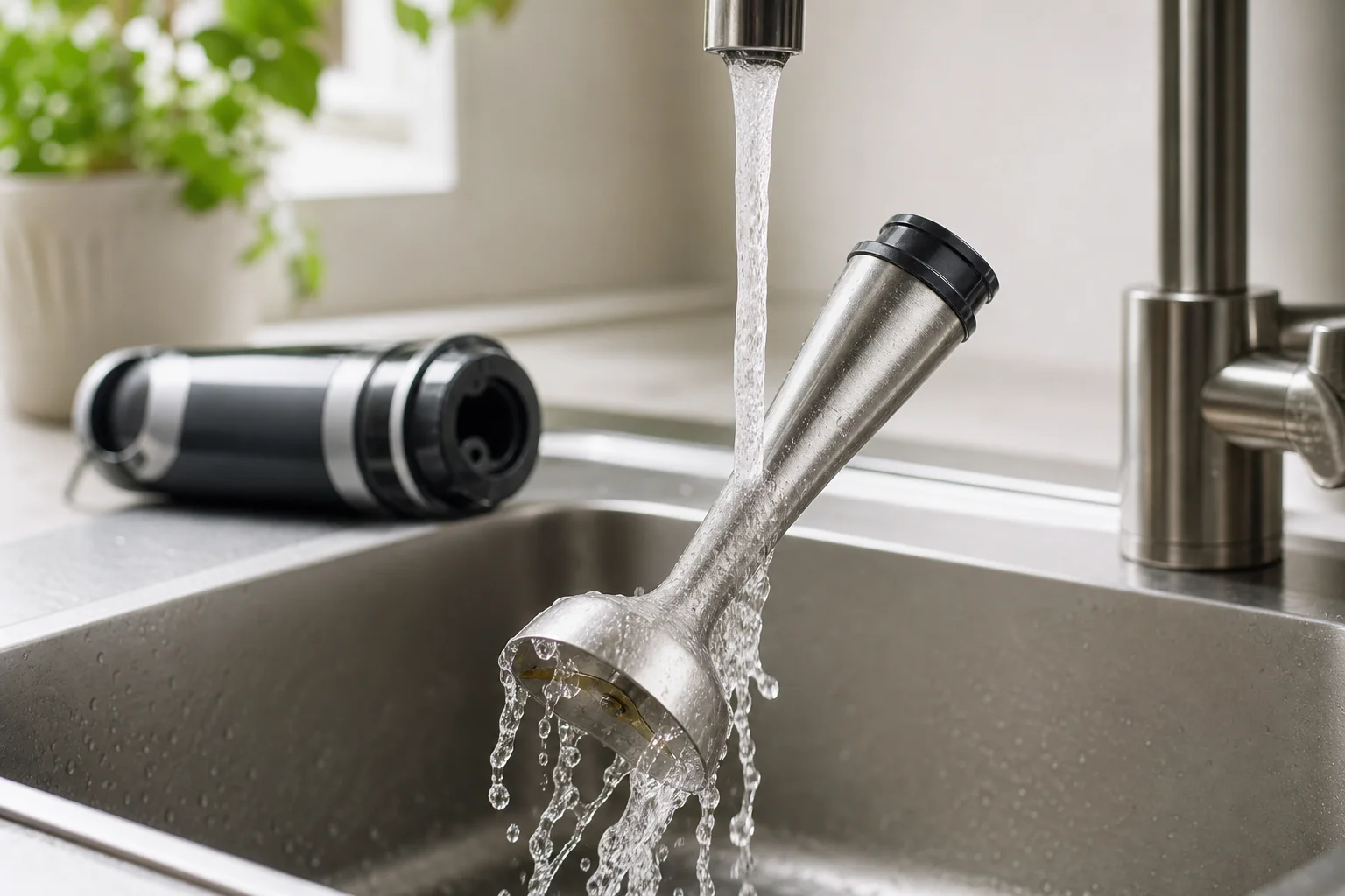 Immersion blender shaft being rinsed under running water at a kitchen sink