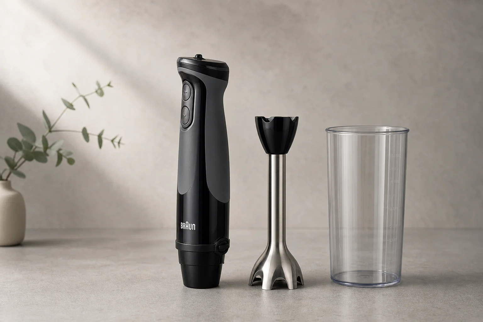 Braun immersion blender with detachable shaft and plastic blending jar on concrete