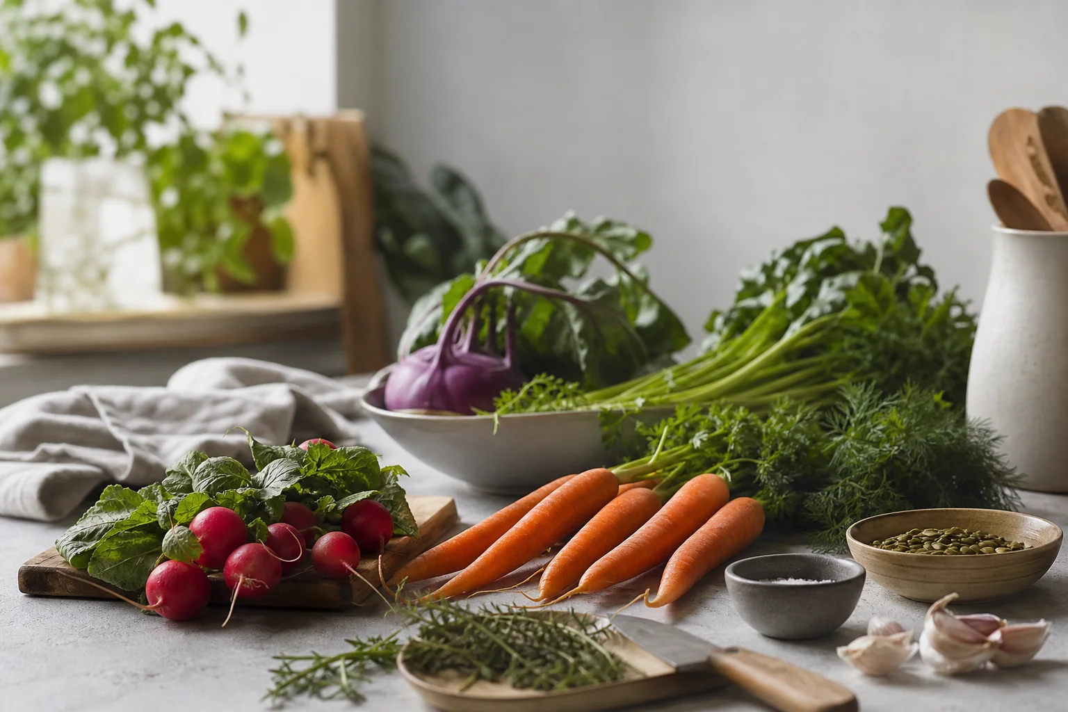 Fresh vegetables and ingredients on kitchen counter
