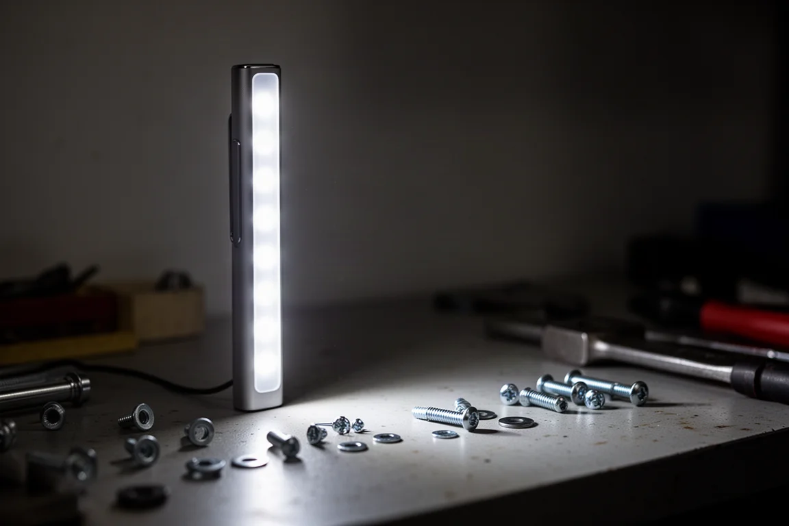 LED-listen på sidan av en pennlampa sprider ett brett, mjukt sken över en arbetsyta