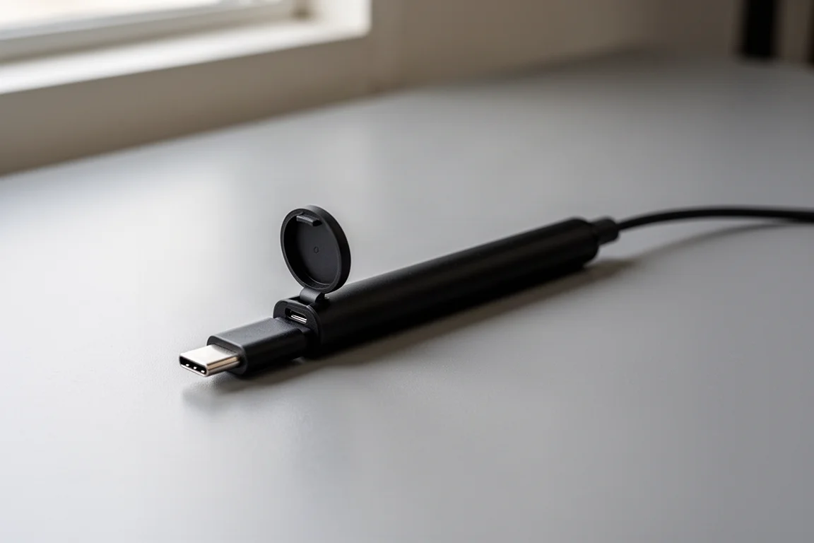 Pennlampa som laddas via en USB-C-kabel på ett enkelt skrivbord