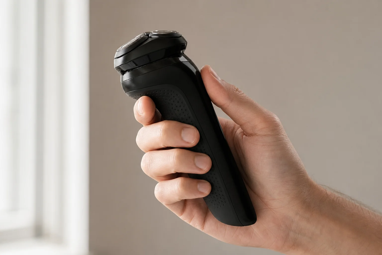Hand hält den Elektrorasierer und zeigt den ergonomischen Griff und das schlanke Profil