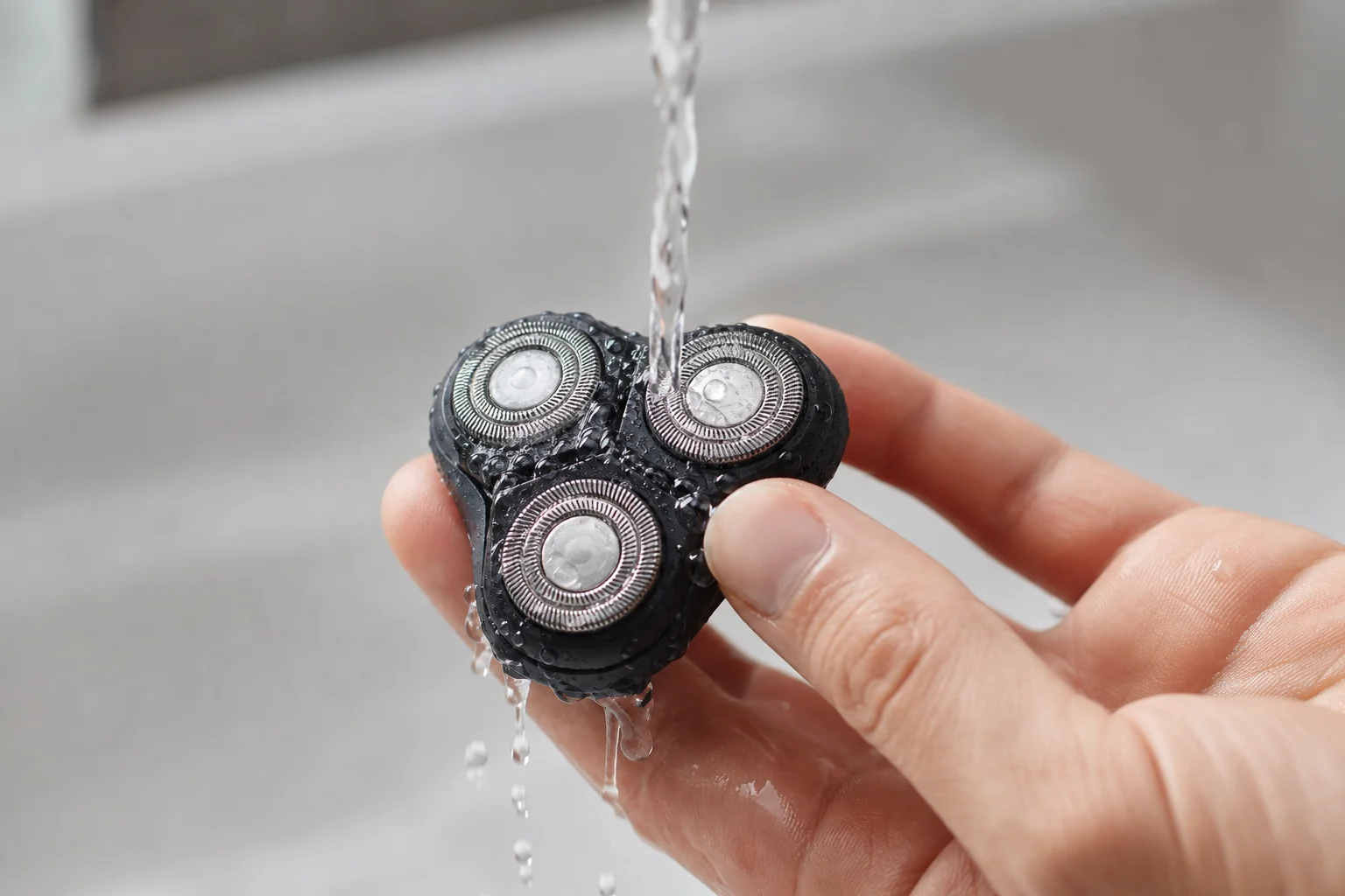 Scherkopfkassette wird unter fließendem Wasser gereinigt