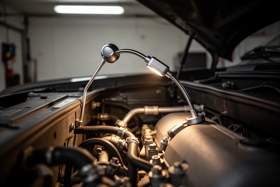 Lampe stylo pliante insérée dans un espace étroit du compartiment moteur, éclairant les composants