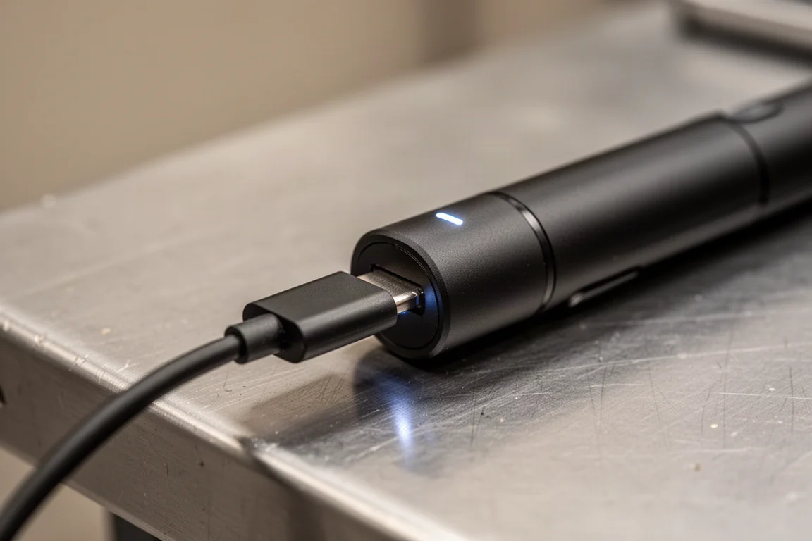 Câble USB-C branché sur le port de recharge d'une lampe de travail compacte