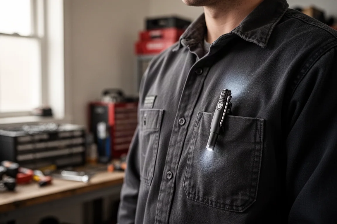 Lampe stylo de format poche accrochée au bord d'une chemise de travail