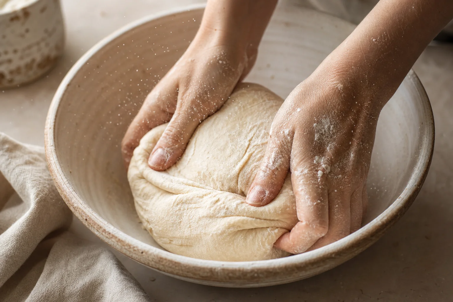 Hands kneading dough in a mixing bowl with flour dust
