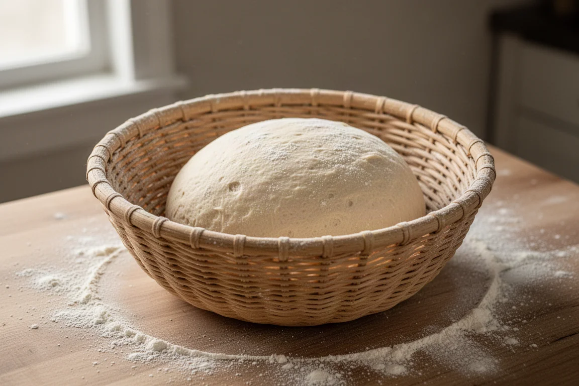 A shaped boule of bread dough resting in a woven proofing basket before baking