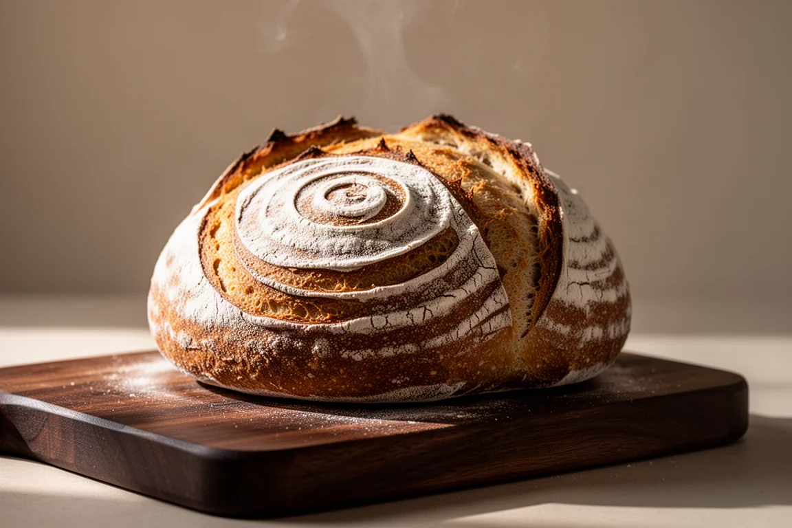 A freshly baked loaf showing the spiral pattern imprinted by a proofing basket