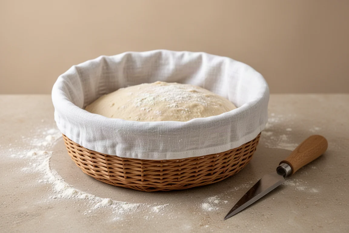 A floured linen liner tucked into a proofing basket with scored dough beside it